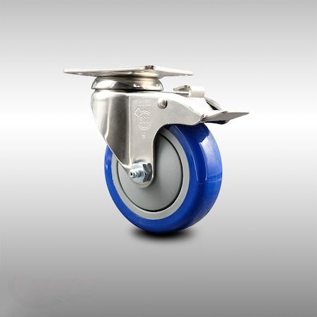 Service Caster 4 Inch 316SS Blue Polyurethane Swivel Top Plate Caster with Total Lock Brake SCC-SS316TTL20S414-PPUB-BLUE